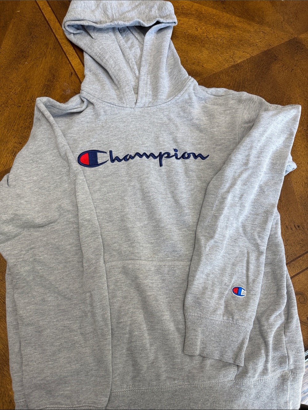 Champion Light Gray Hoodie with Navy Script and Red Accent